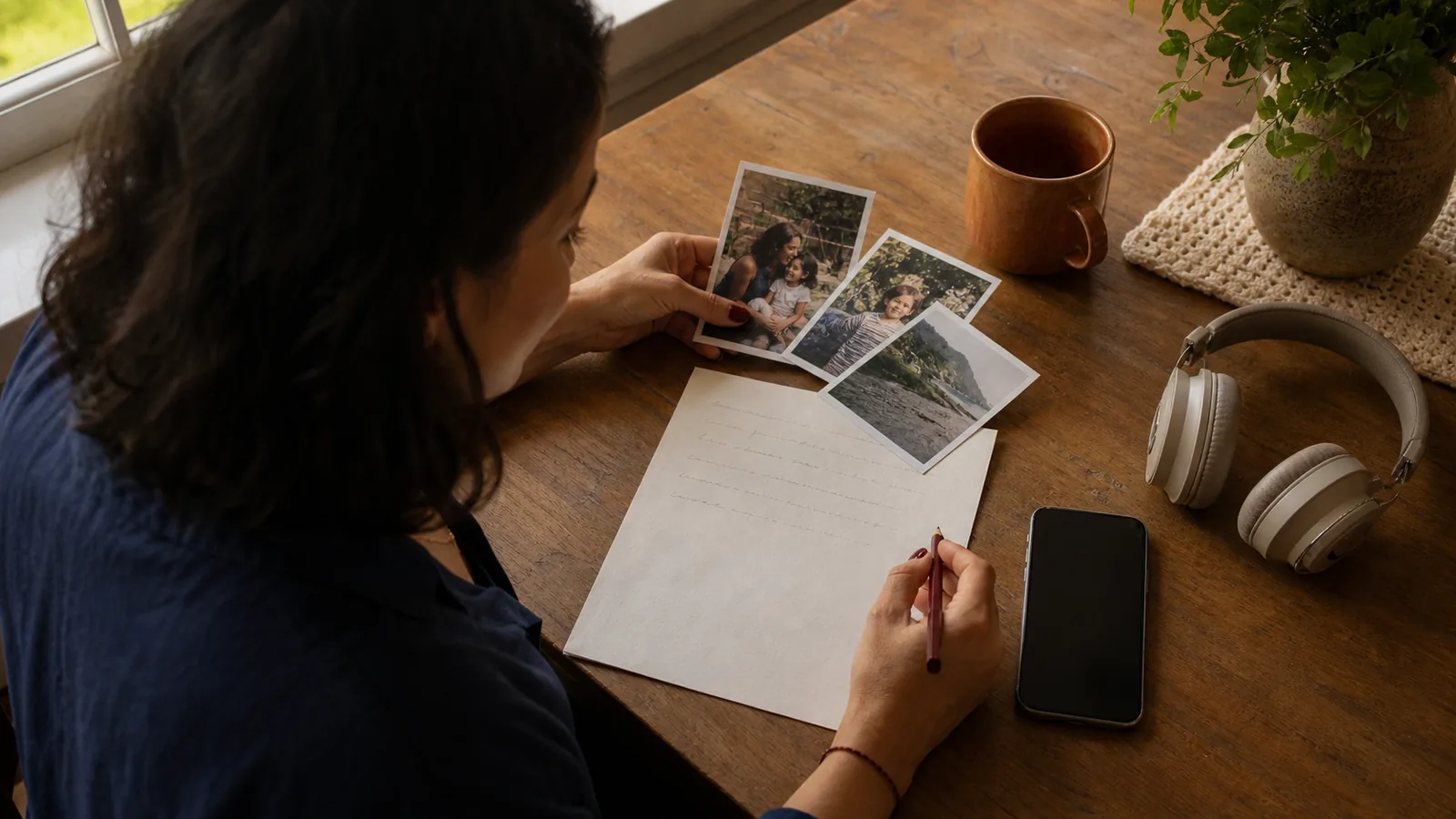 Pessoa organiza fotografias e anotações antes de usar o telefone