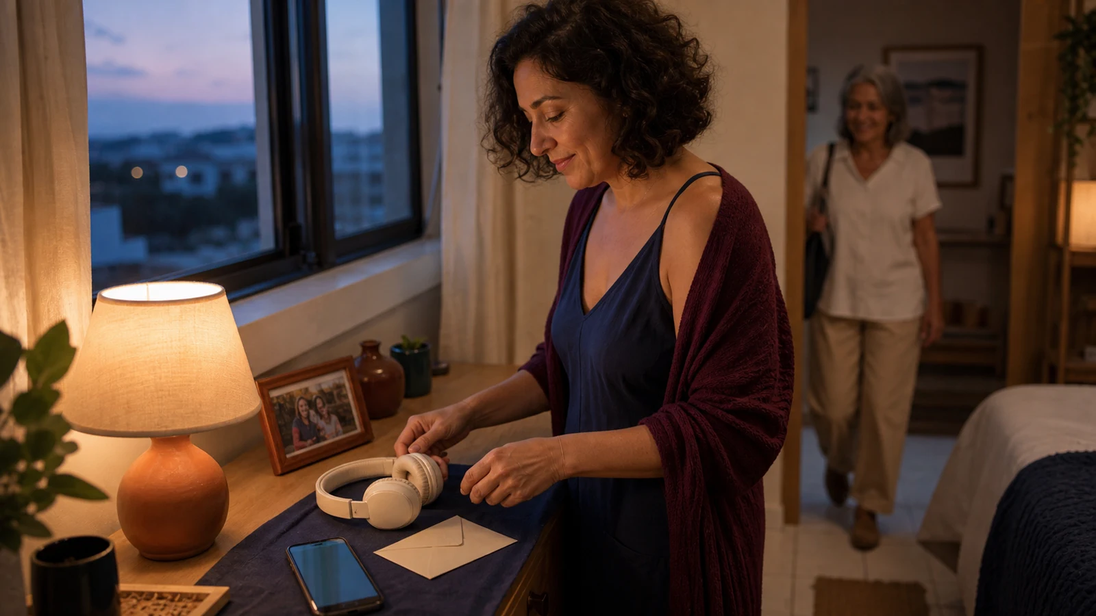 Mulher prepara fones, mensagem e fotografia antes de entregar um presente digital