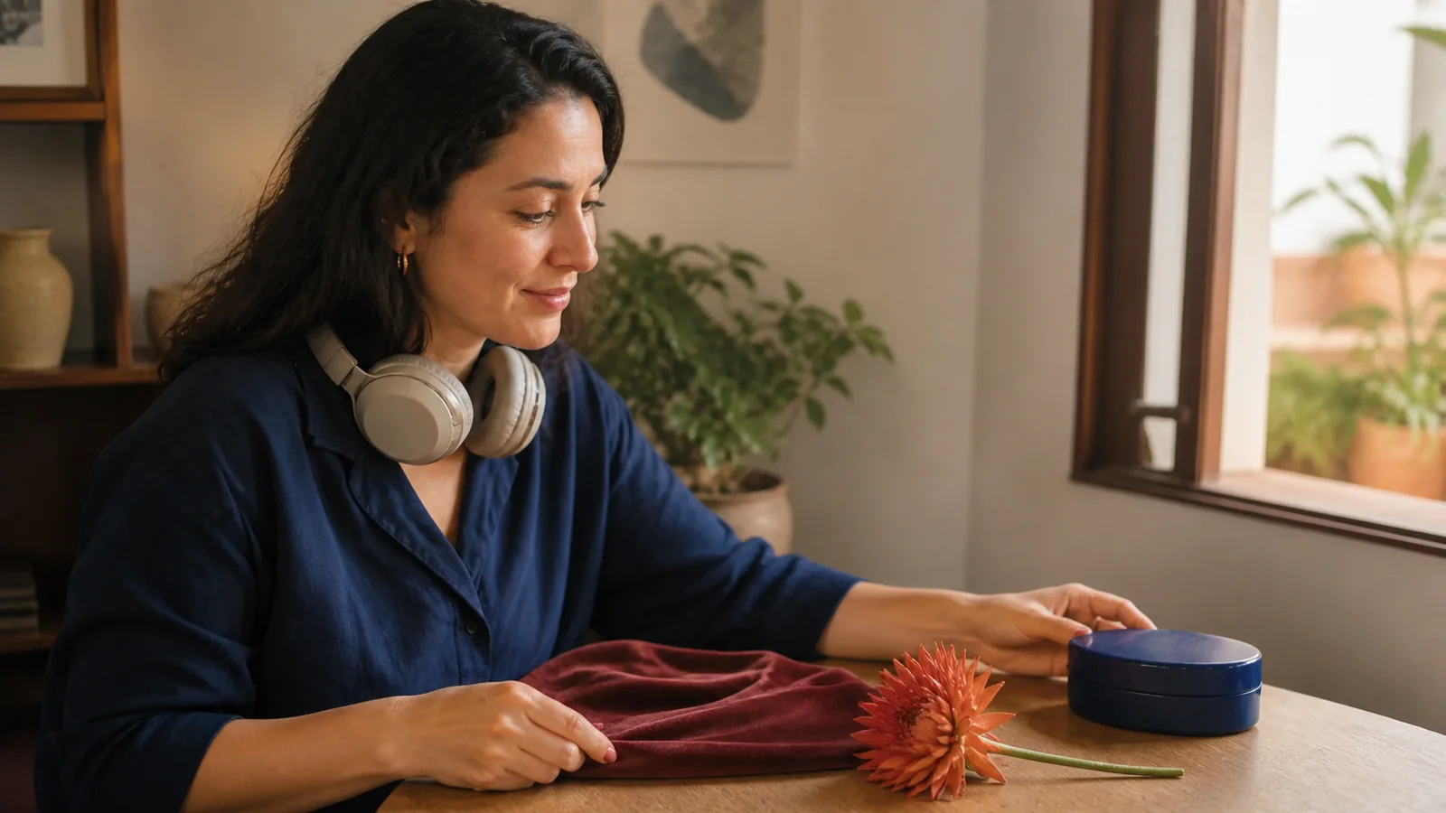 Pessoa escolhe o clima emocional de uma música com lembranças à mesa