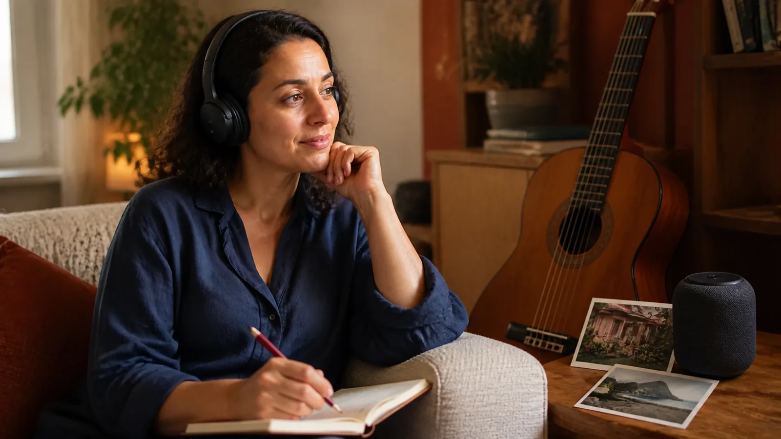 Pessoa de fones escolhe o clima musical diante de fotografias e violão