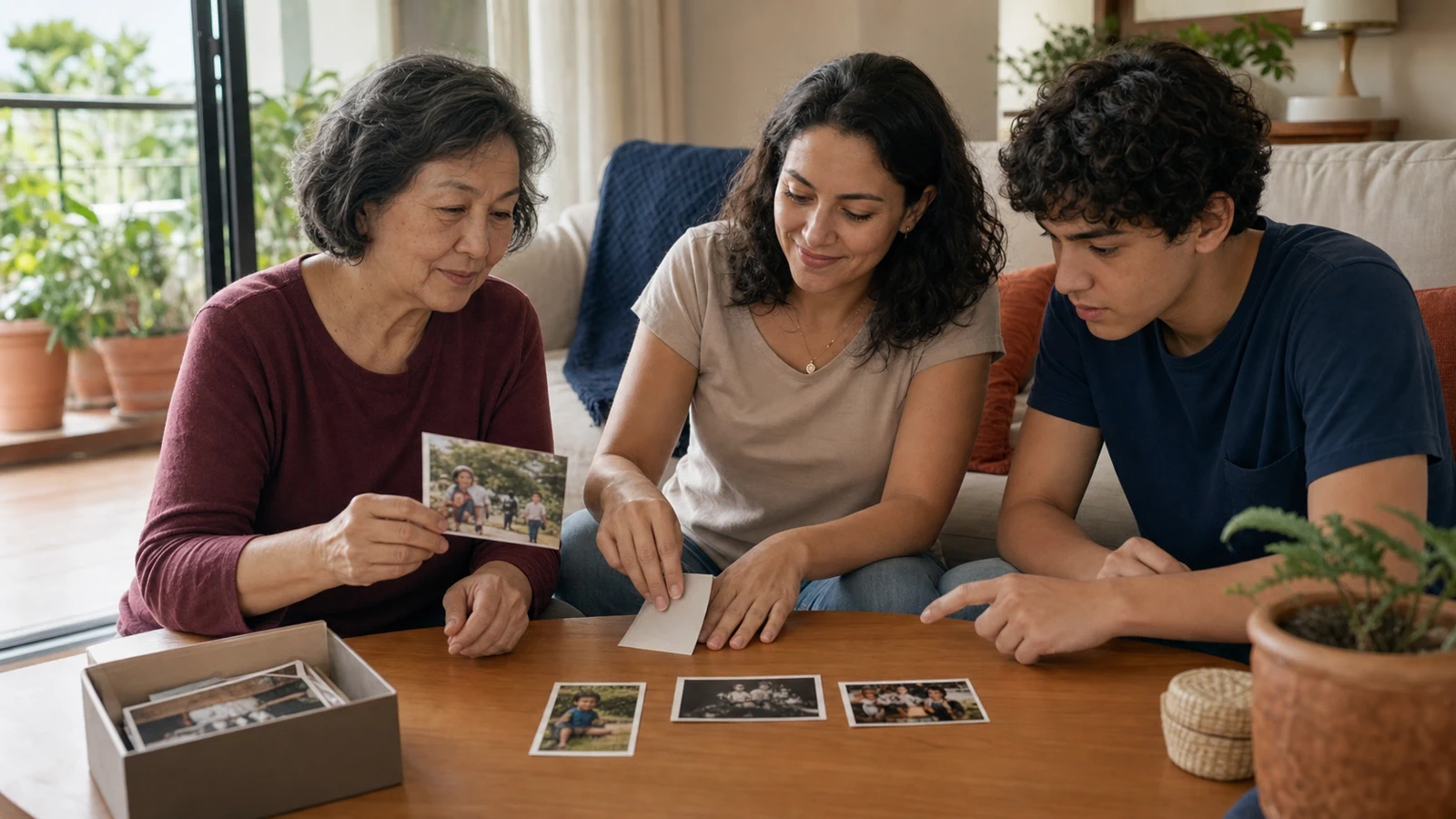 Três gerações escolhem fotografias para usar em uma homenagem