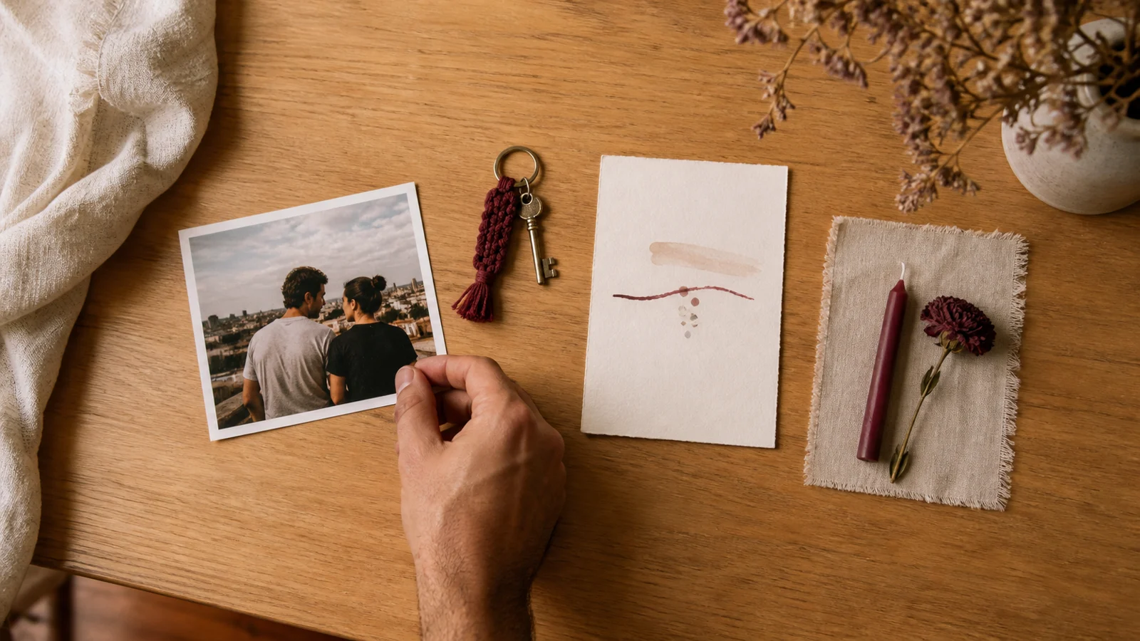 Mão organiza fotografia, chave, cartão e lembrança de aniversário sobre uma mesa