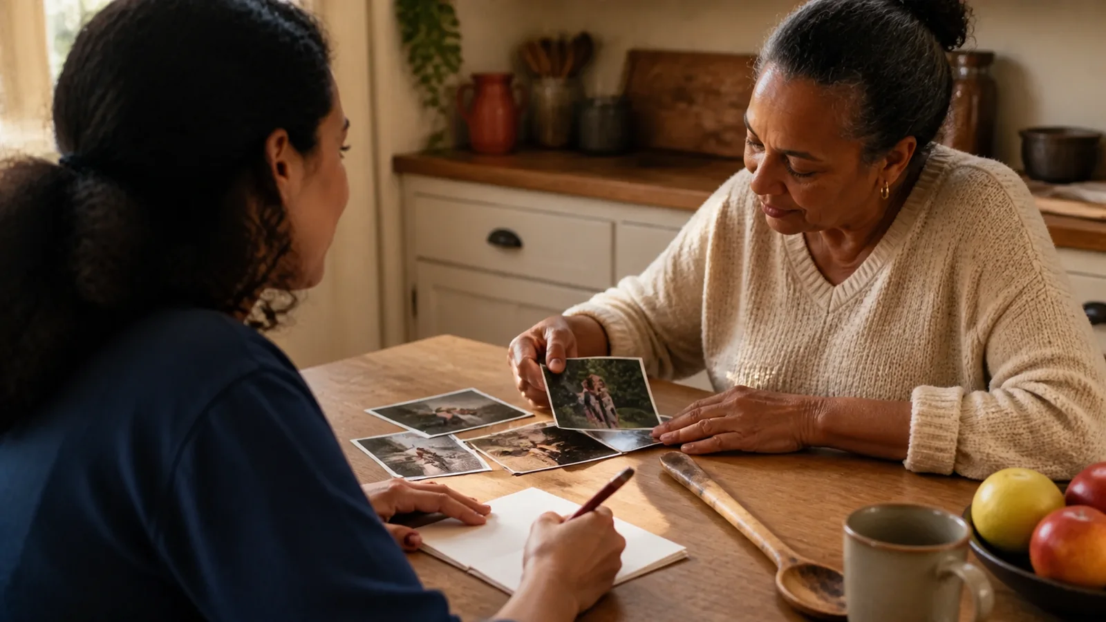 Filha organiza fotografias para preparar uma homenagem à mãe