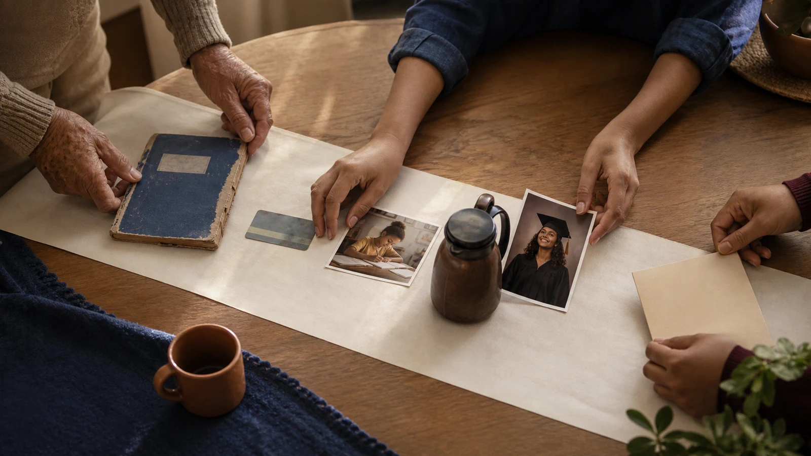 Família organiza caderno e fotografias que contam uma trajetória de formatura