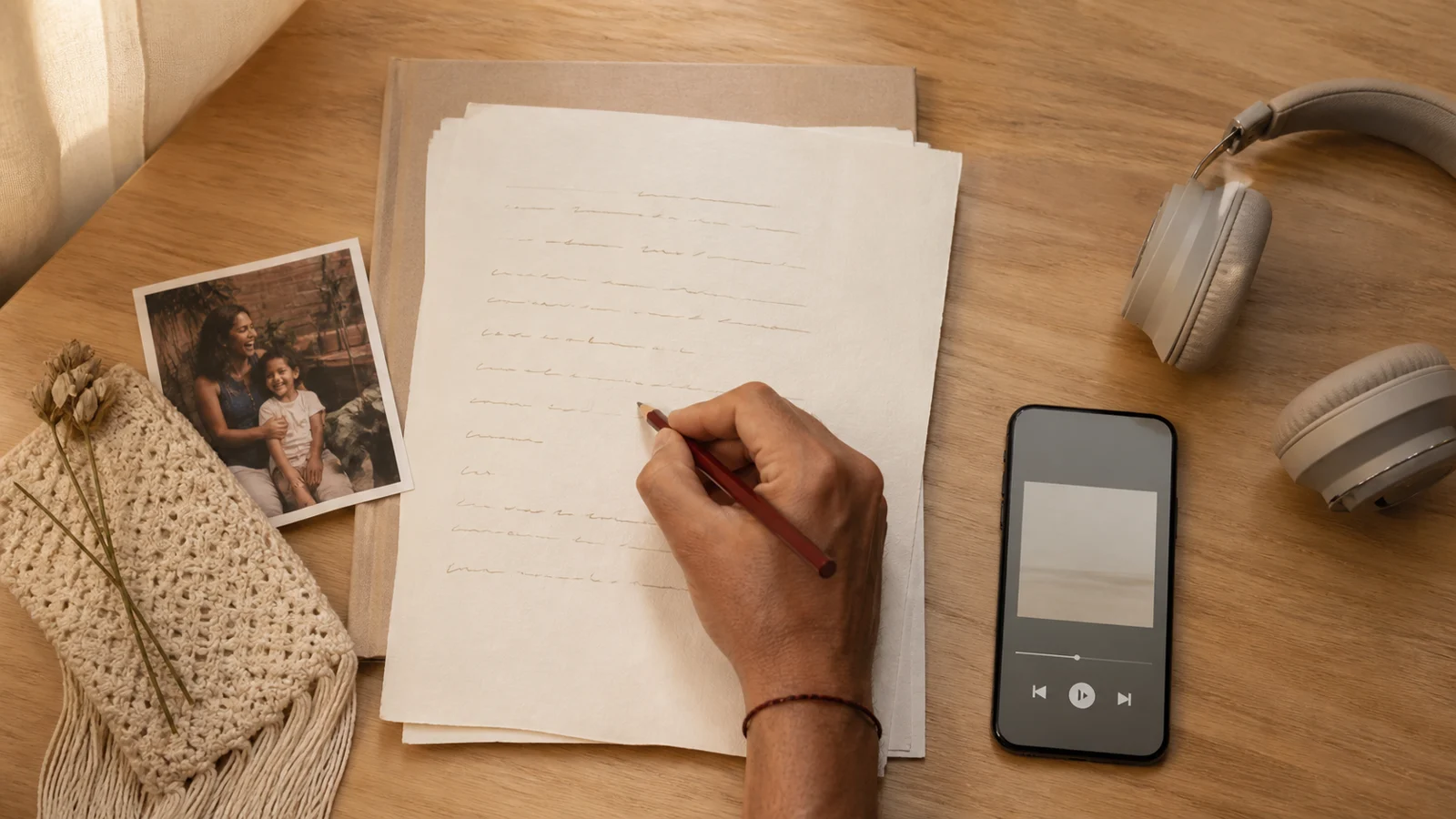 Fotografia, rascunho de letra e telefone com fones organizados sobre uma mesa