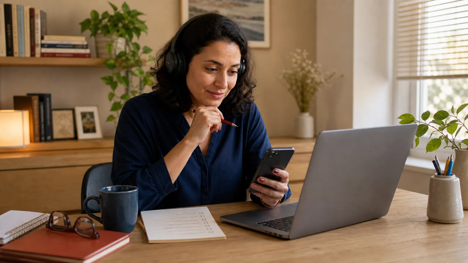 Pessoa confere notebook, telefone e checklist antes de uma compra online
