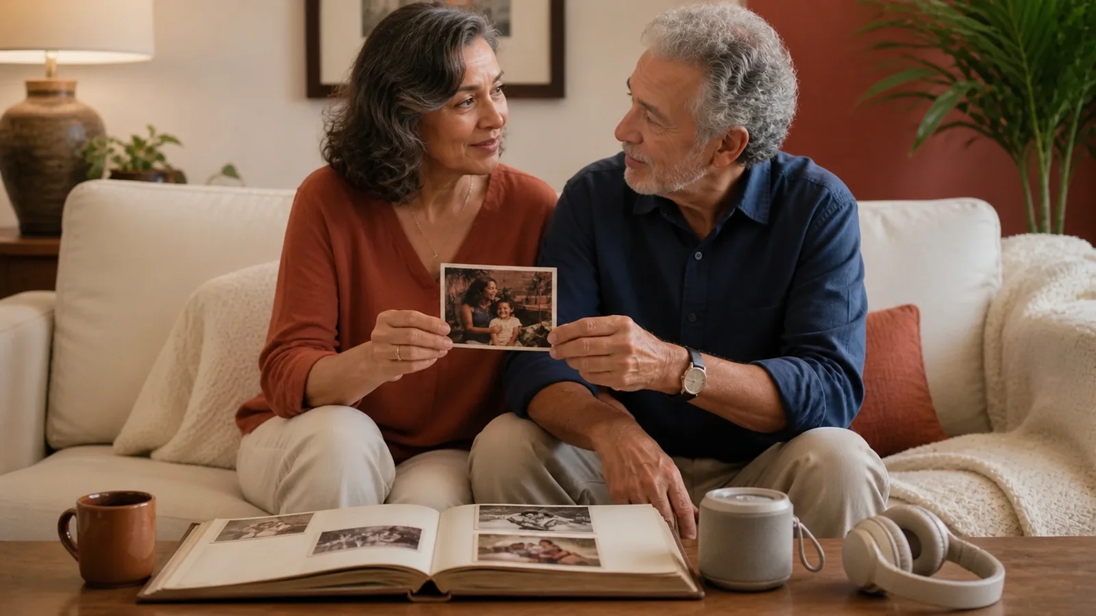 Álbum de fotografias e fones de ouvido são comparados sobre uma mesa