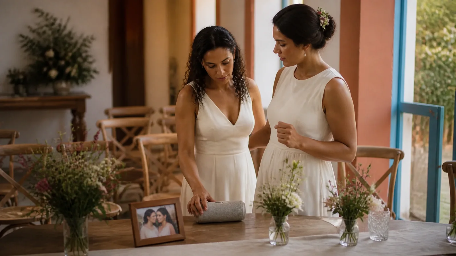 Casal escuta uma música personalizada durante a celebração do casamento