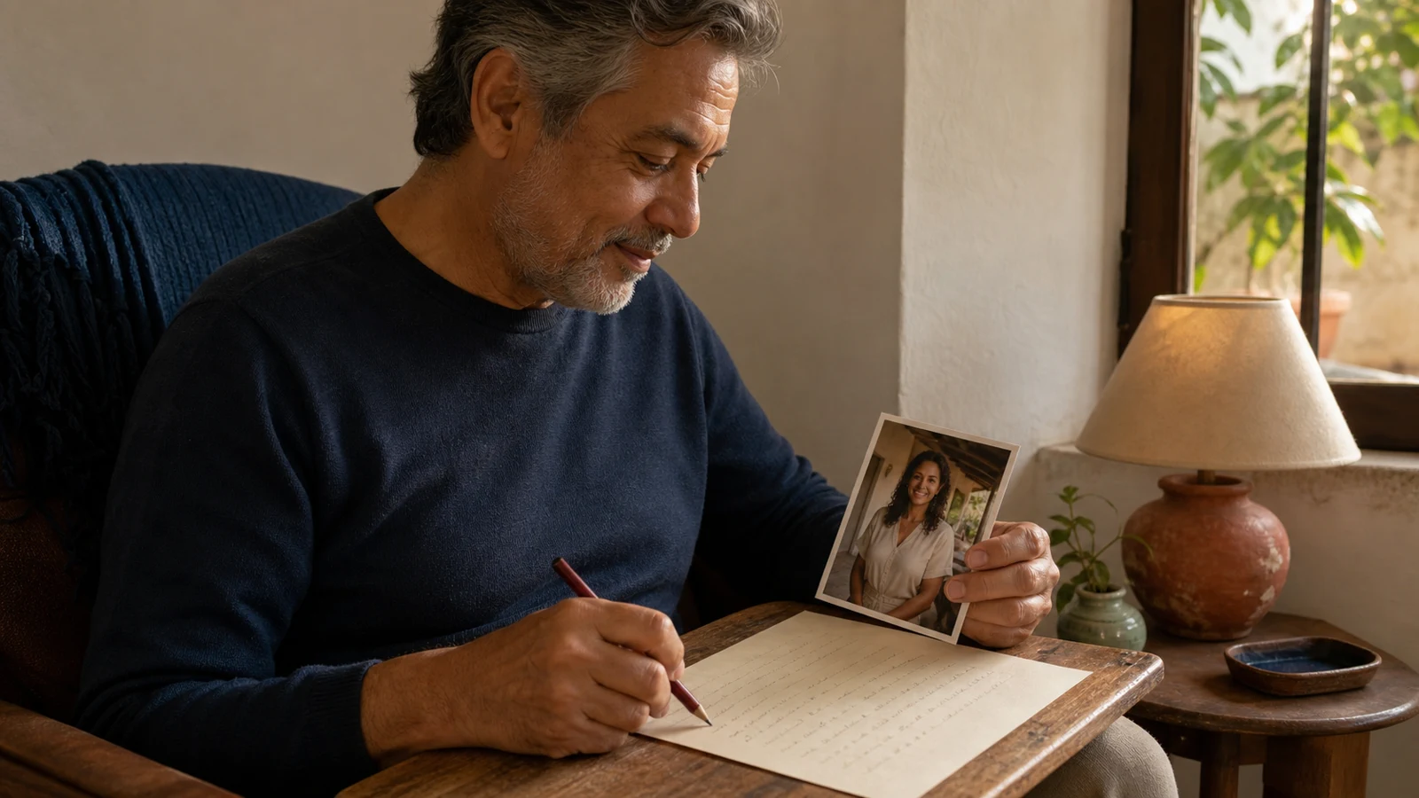 Homem escreve uma homenagem enquanto observa uma fotografia da filha