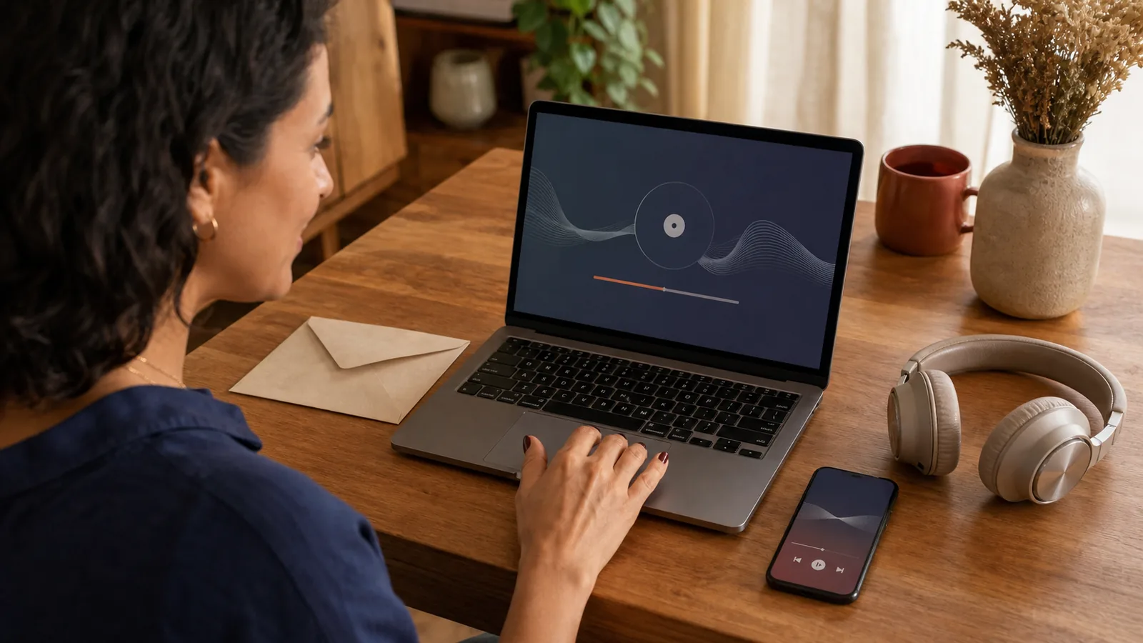 Pessoa acessa uma música no notebook ao lado de telefone e fones