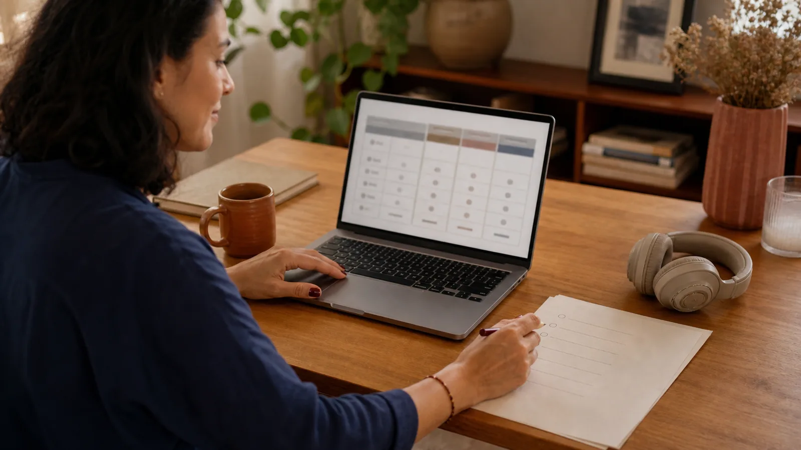 Pessoa consulta opções no notebook e preenche um checklist de comparação