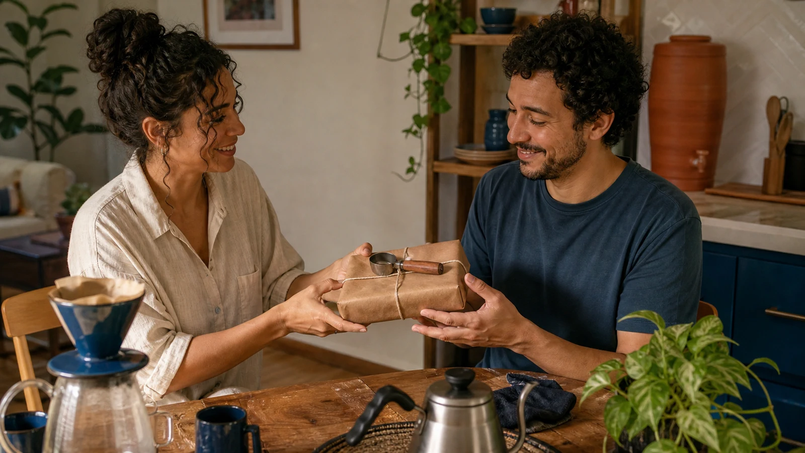 Mulher entrega ao namorado um presente ligado ao ritual de preparar café