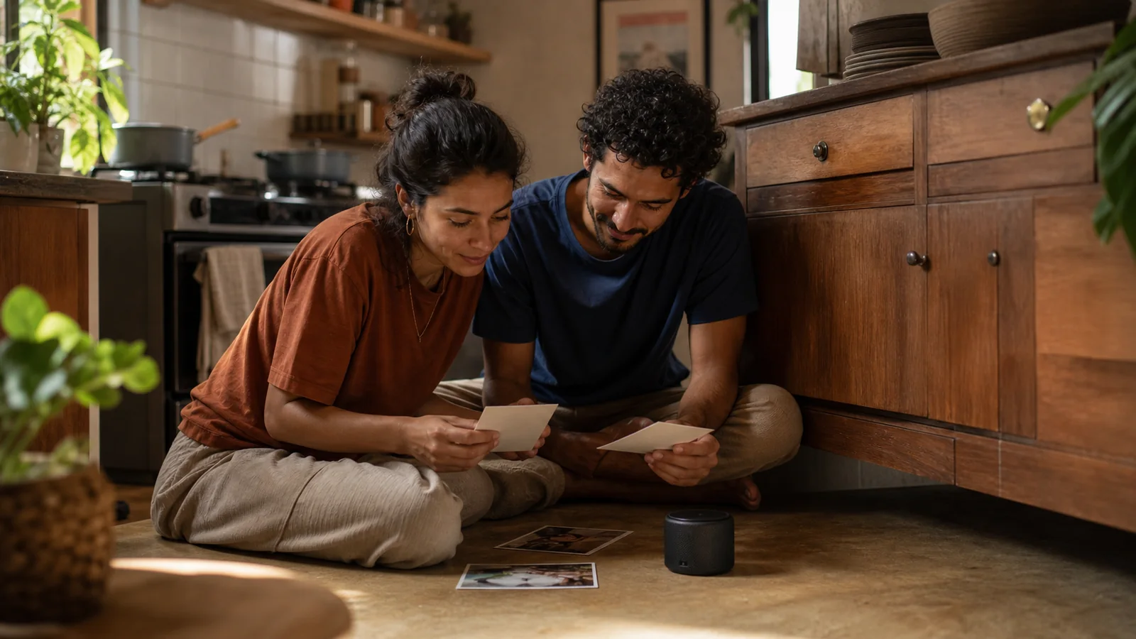 Casal relembra a própria história com fotografias sobre uma mesa