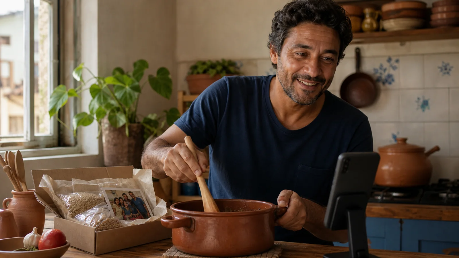 Familiares conversam à distância enquanto seguram lembranças afetivas