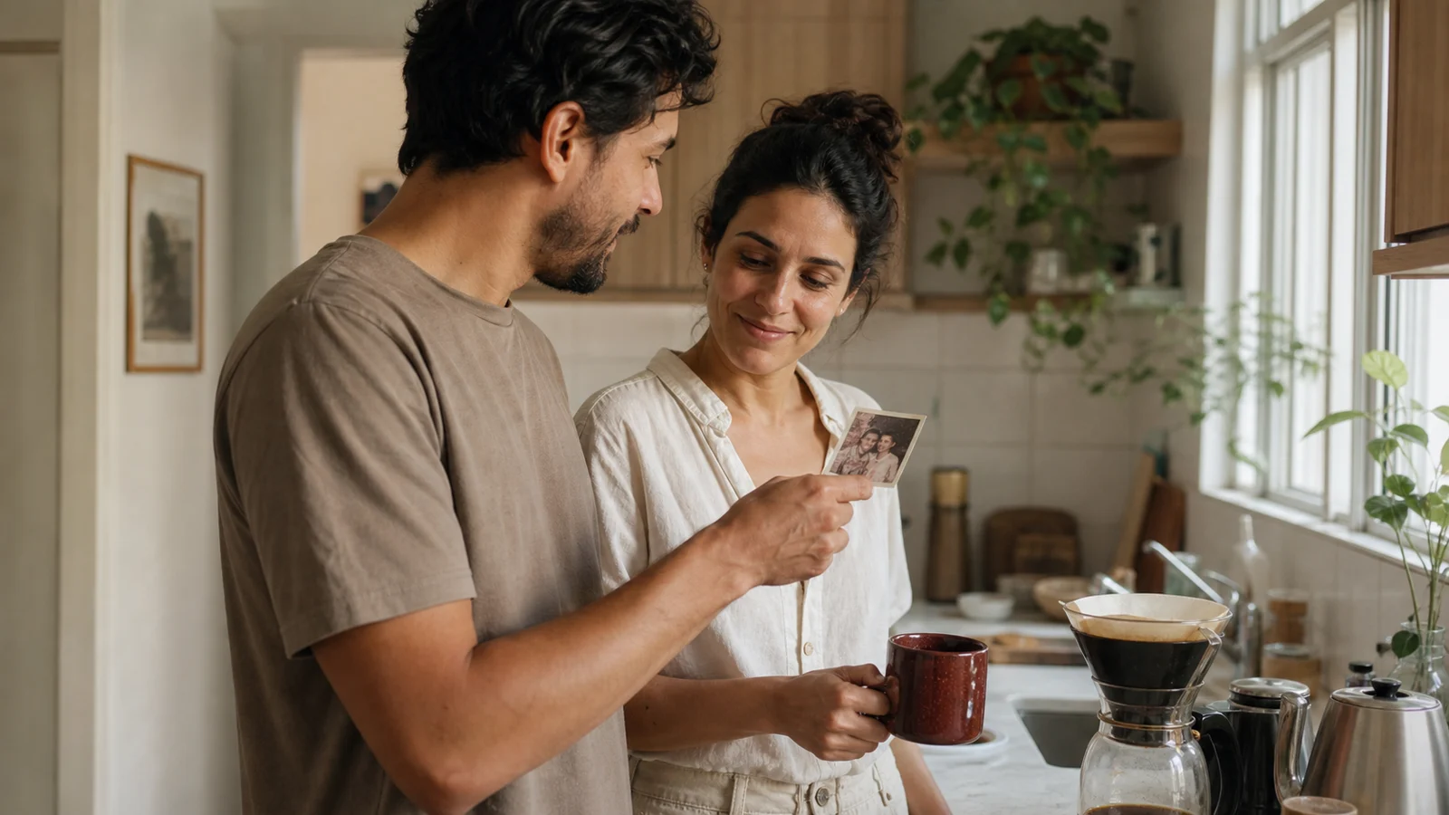 Casal observa uma fotografia antiga enquanto prepara café na cozinha