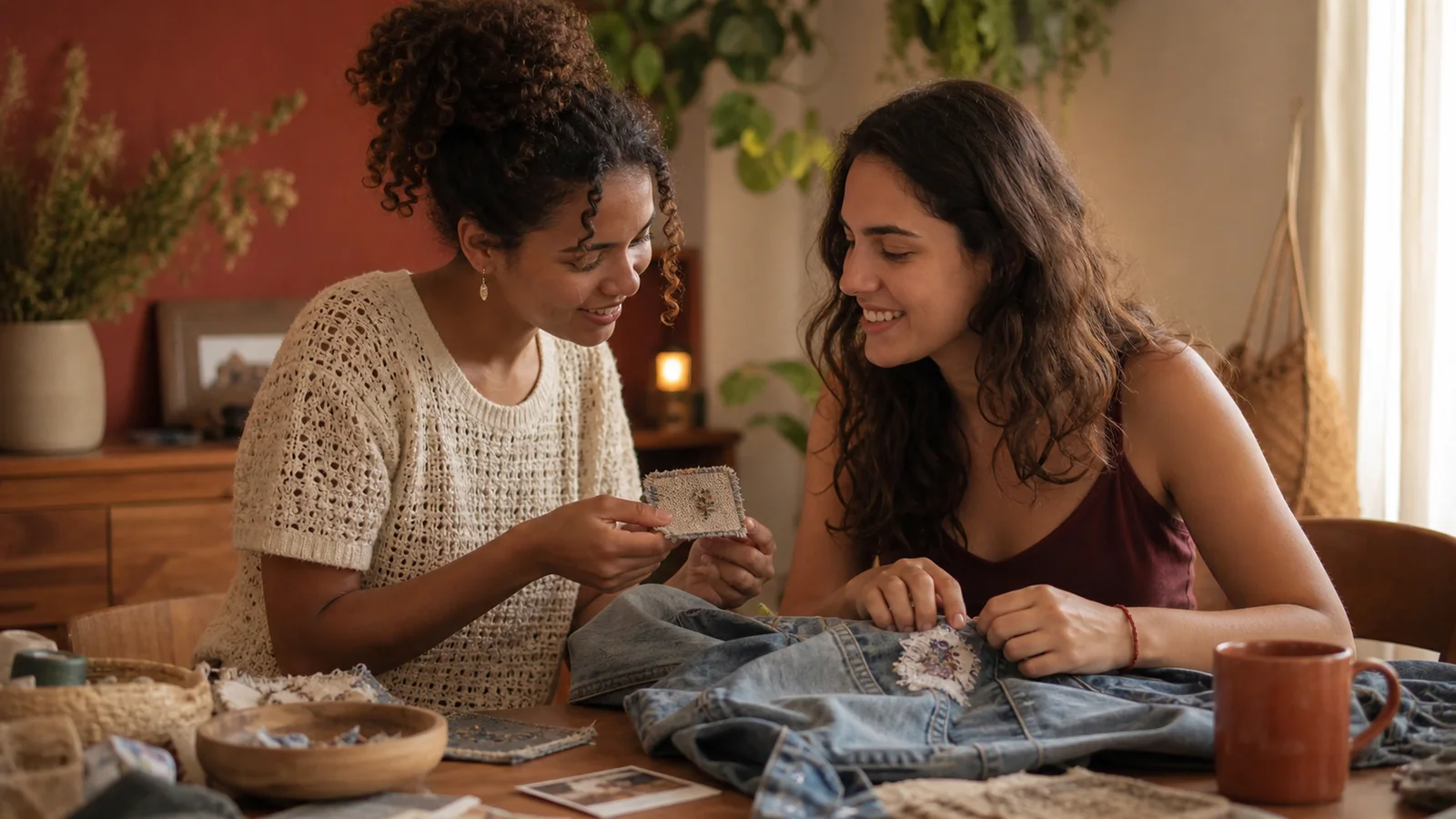 Duas melhores amigas trocam uma lembrança personalizada em casa