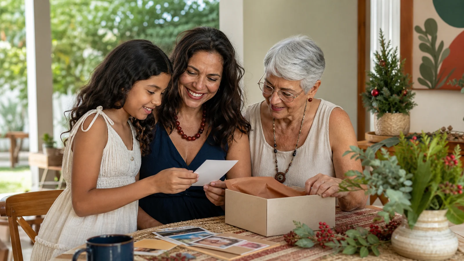 Três gerações observam fotografias ao preparar uma lembrança de Natal