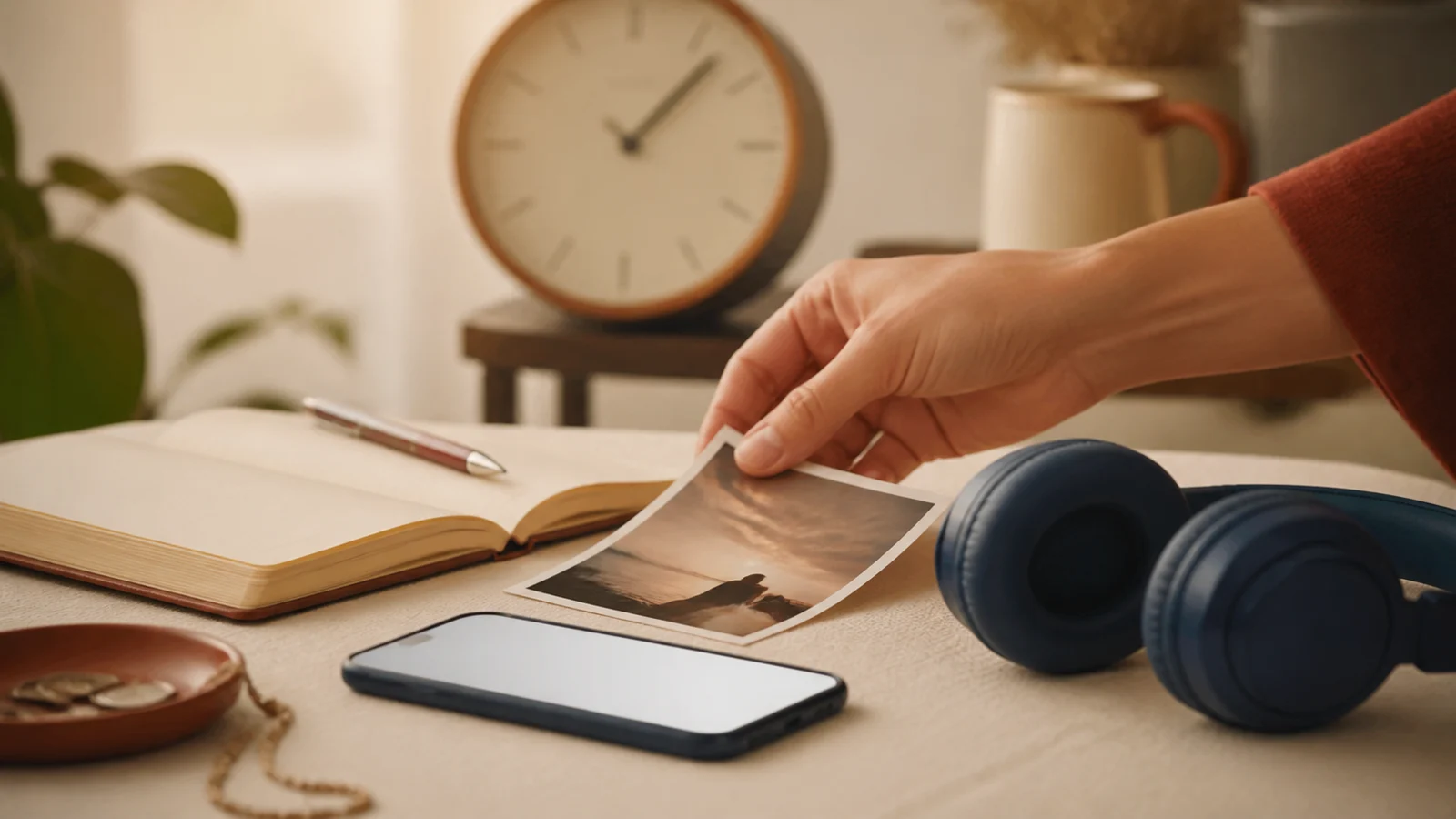Pessoa escolhe uma fotografia ao lado de telefone, caderno, fones e relógio