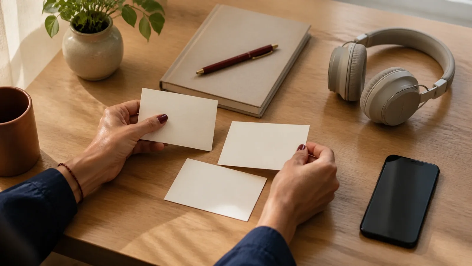 Mãos comparam três cartões ao lado de caderno e fones sobre uma mesa