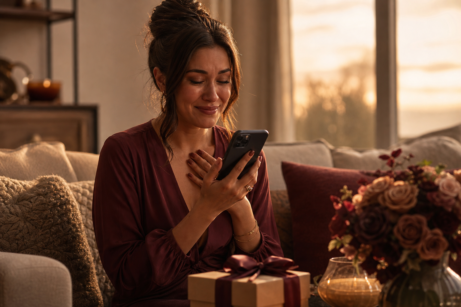 Pessoa ouvindo uma música personalizada no celular com um presente por perto